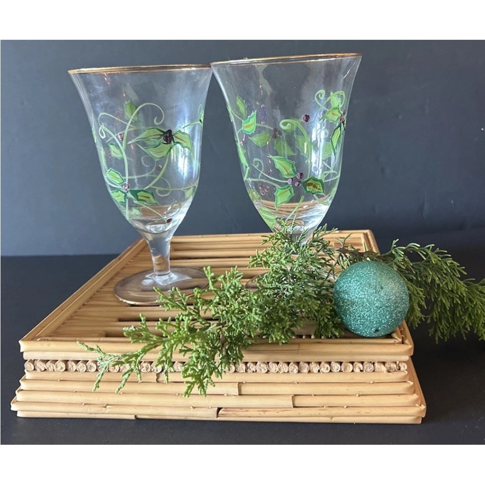 2 Christmas Hand Painted Water Wine Glasses